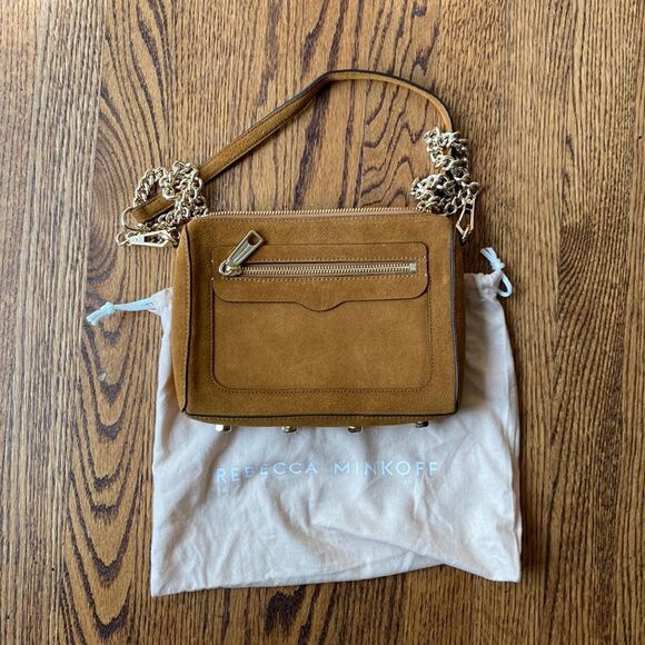 Rebecca Minkoff Women’s Crossbody Bag Suede Leather Metal Chain Gold Hardware - Picture 1 of 11